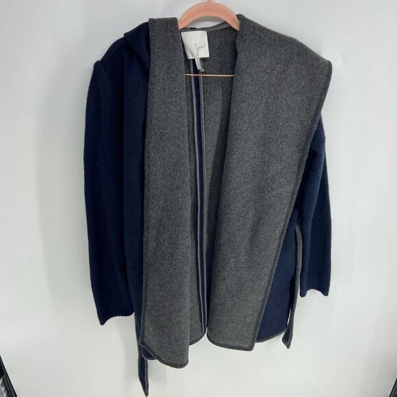Joie loulynn boiled navy grey wool knit sleeve hooded tie close sweater womens s - Picture 2 of 10